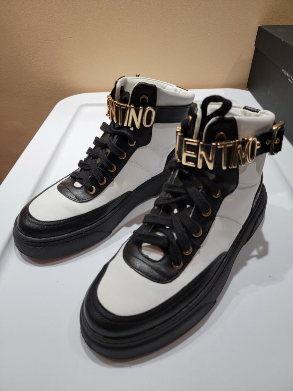Valentino By Mario Valentino Alessia High-Top Sneaker,White Black,Size 9(39),NWT